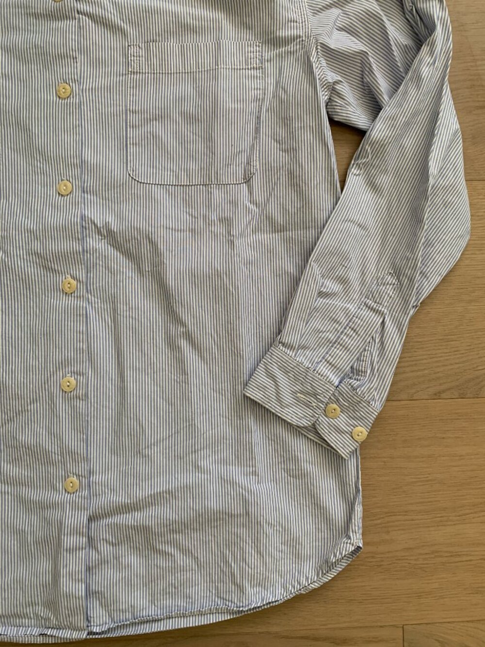 Vintage Collarless Button Up Shirt Women’s Small Blue White Stripe Coastal Style - Picture 7 of 8